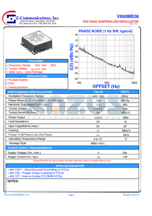 V880ME08 datasheet - LOW COST - HIGH PERFORMANCE VOLTAGE CONTROLLED OSCILLATOR