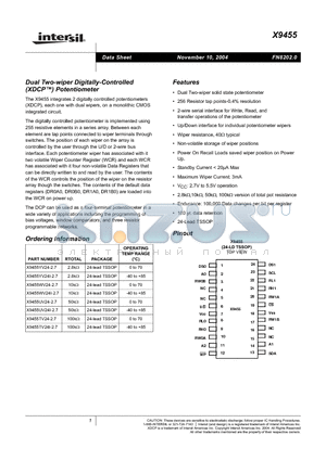 X9455UV24-2.7 datasheet - Dual Two-wiper Digitally-Controlled (XDCP) Potentiometer