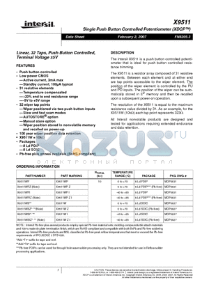 X9511WPI datasheet - Single Push Button Controlled Potentiometer (