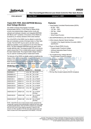 X9520V20I-B datasheet - Triple DCP, POR, 2kbit EEPROM Memory, Dual Voltage Monitors