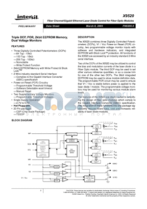 X9520B20IA datasheet - Triple DCP, POR,2kbit EEPROM Memory, Dual Voltage Monitors