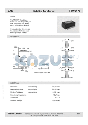 TTW6176 datasheet - LAN Matching Transformer