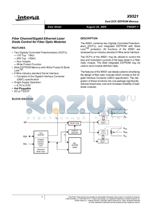 X9521 datasheet - Fiber Channel/Gigabit Ethernet Laser Diode Control for Fiber Optic Modules