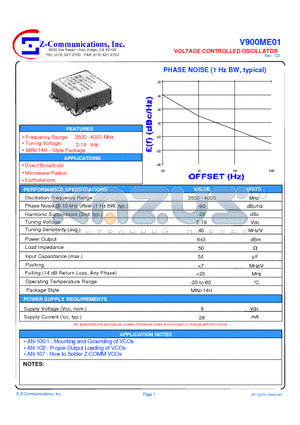 V900ME01 datasheet - LOW COST - HIGH PERFORMANCE VOLTAGE CONTROLLED OSCILLATOR