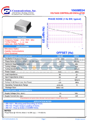 V900ME04 datasheet - LOW COST - HIGH PERFORMANCE VOLTAGE CONTROLLED OSCILLATOR
