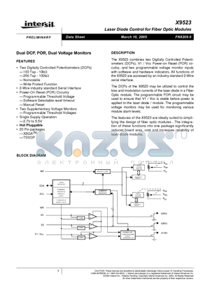 X9523B20I-B datasheet - Laser Diode Control for Fiber Optic Modules