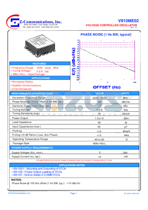 V910ME02 datasheet - LOW COST - HIGH PERFORMANCE VOLTAGE CONTROLLED OSCILLATOR