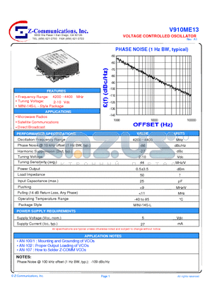 V910ME13 datasheet - LOW COST - HIGH PERFORMANCE VOLTAGE CONTROLLED OSCILLATOR