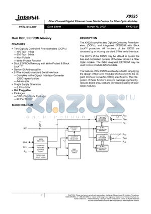 X9525B20I datasheet - Fiber Channel/Gigabit Etherner Laser Diode Control for Fiber Optic Modules