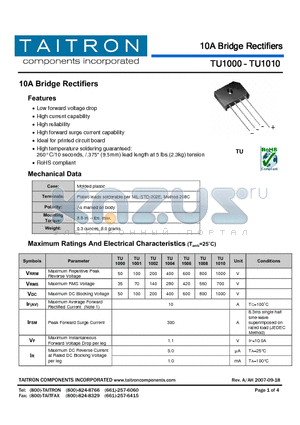 TU1006 datasheet - 10A Bridge Rectifiers