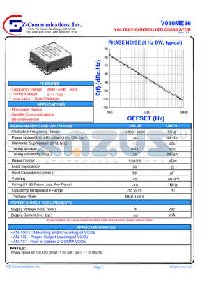 V910ME16 datasheet - LOW COST - HIGH PERFORMANCE VOLTAGE CONTROLLED OSCILLATOR