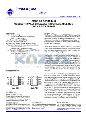 TU24C04BP datasheet - CMOS I2C 2-WIRE BUS 4K ELECTRICALLY ERASABLE PROGRAMMABLE ROM 512 X 8 BIT EEPROM