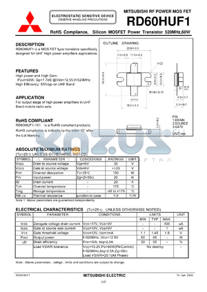 RD60HUF1 datasheet - RoHS Compliance, Silicon MOSFET Power Transistor 520MHz,60W
