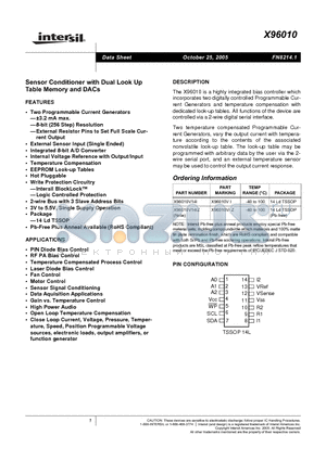 X96010V14IZ datasheet - Sensor Conditioner with Dual Look Up Table Memory and DACs