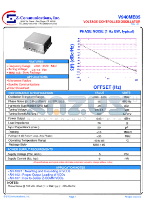 V940ME05 datasheet - LOW COST - HIGH PERFORMANCE VOLTAGE CONTROLLED OSCILLATOR