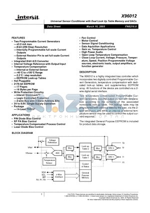 X96012 datasheet - Universal Sensor Conditioner with Dual Look Up Table Memory and DACs