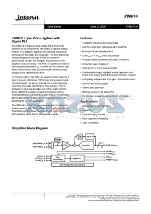 X98014 datasheet - 140MHz Triple Video Digitizer with Digital PLL