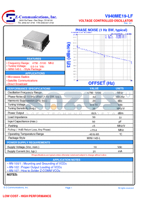 V940ME19-LF datasheet - VOLTAGE CONTROLLED OSCILLATOR