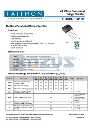 TU410G datasheet - 4A Glass Passivated Bridge Rectifier