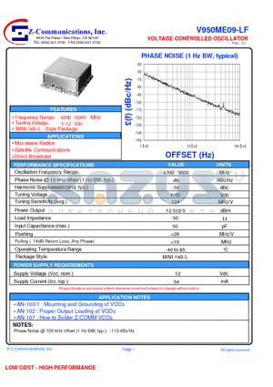 V950ME09-LF datasheet - VOLTAGE CONTROLLED OSCILLATOR