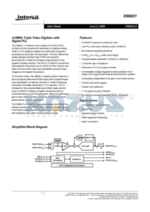 X98021 datasheet - 210MHz Triple Video Digitizer with Digital PLL