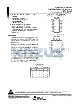 SN54HC175 datasheet - QUADRUPLE D-TYPE FLIP-FLOPS WITH CLEAR