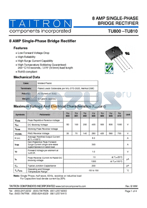 TU801 datasheet - 8 AMP Single-Phase Bridge Rectifier