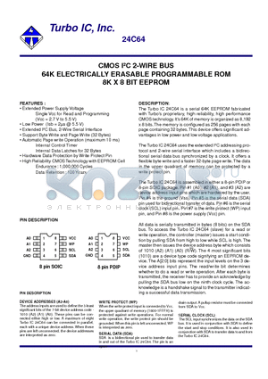 TU24C64CP2 datasheet - CMOS IbC 2-WIRE BUS 64K ELECTRICALLY ERASABLE PROGRAMMABLE ROM 8K X 8 BIT EEPROM