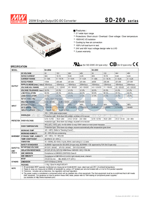 SD-200B datasheet - 200W Single Output DC-DC Converter