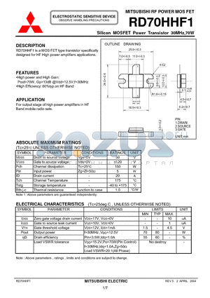 RD70HHF1 datasheet - Silicon MOSFET Power Transistor 30MHz, 70W