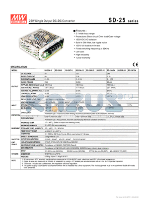 SD-25 datasheet - 25W Single Output DC-DC Converter