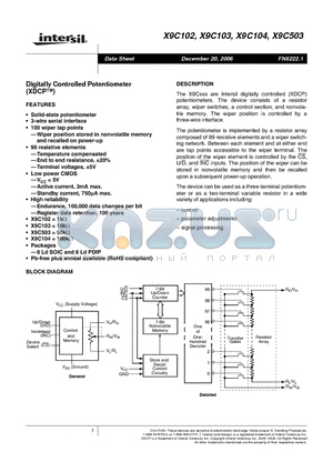 X9C102PIZ datasheet - Digitally Controlled Potentiometer