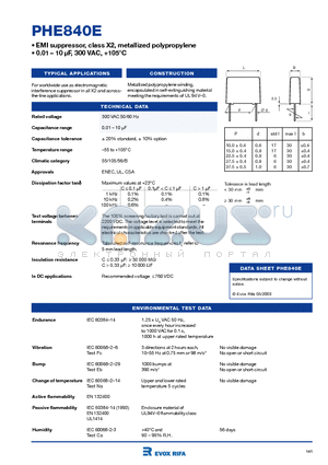 PHE840E datasheet - EMI suppressor, class X2, metallized polypropylene(0.01-10 uF, 300 VAC, 105C)