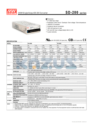 SD-200D datasheet - 200W Single Output DC-DC Converter