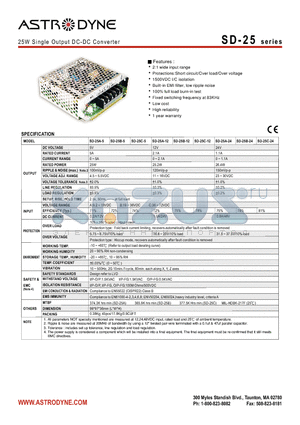 SD-25 datasheet - 25W Single Output DC-DC Converter