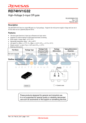 RD74HV1G32VSE datasheet - High-Voltage 2-input OR gate