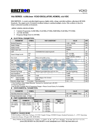 VA2ARG datasheet - 9.3 X 8.5mm VCXO OSCILLATOR, HCMOS, 5.0 VDC