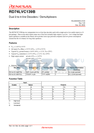 RD74LVC139BFPEL datasheet - Dual 2-to-4-line Decoders / Demultiplexers