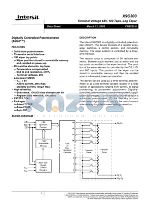 X9C303P datasheet - Digitally Controlled Potentiomet (XDCP)