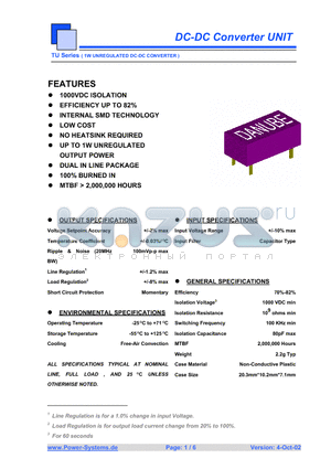 TUD-0515 datasheet - DC-DC Converter UNIT 1W UNREGULATED DC-DC CONVERTER