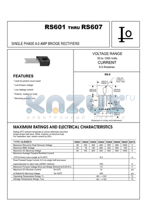 RS601 datasheet - SINGLE PHASE 6.0 AMP BRIDGE RECTIFIERS