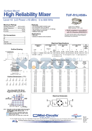 TUF-R1LHSM+ datasheet - High Reliability Mixer Level 10 (LO Power 10 dBm) 5 to 600 MHz