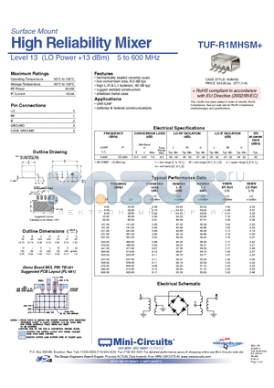 TUF-R1MHSM datasheet - High Reliability Mixer Level 13 (LO Power 13 dBm) 5 to 600 MHz