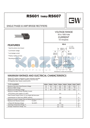 RS601 datasheet - SINGLE PHASE 6.0 AMP BRIDGE RECTIFIERS