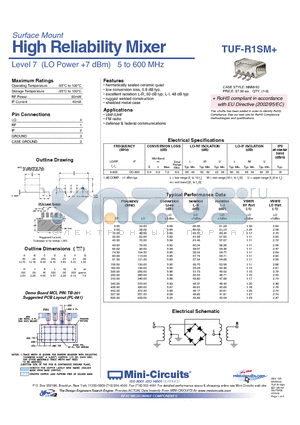 TUF-R1SM datasheet - High Reliability Mixer Level 7 (LO Power 7 dBm) 5 to 600 MHz