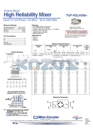 TUF-R2LHSM+ datasheet - High Reliability Mixer Level 10 (LO Power 10 dBm) 50 to 1000 MHz