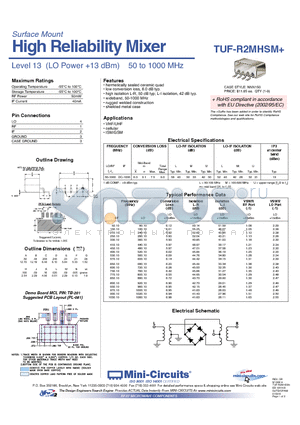 TUF-R2MHSM datasheet - High Reliability Mixer Level 13 (LO Power 13 dBm) 50 to 1000 MHz