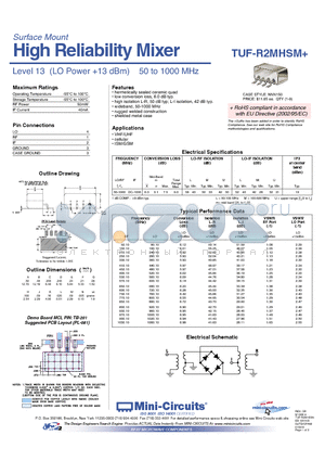 TUF-R2MHSM+ datasheet - High Reliability Mixer Level 13 (LO Power 13 dBm) 50 to 1000 MHz