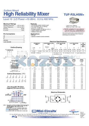 TUF-R3LHSM datasheet - High Reliability Mixer Level 10 (LO Power 10 dBm) 0.3 to 400 MHz