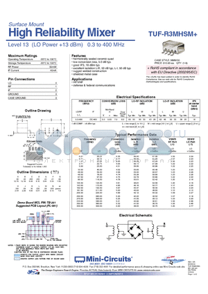 TUF-R3MHSM datasheet - High Reliability Mixer Level 13 (LO Power 13 dBm) 0.3 to 400 MHz
